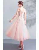 Gorgeous Pink Off Shoulder Tulle Tea Length Party Dress With Butterflies