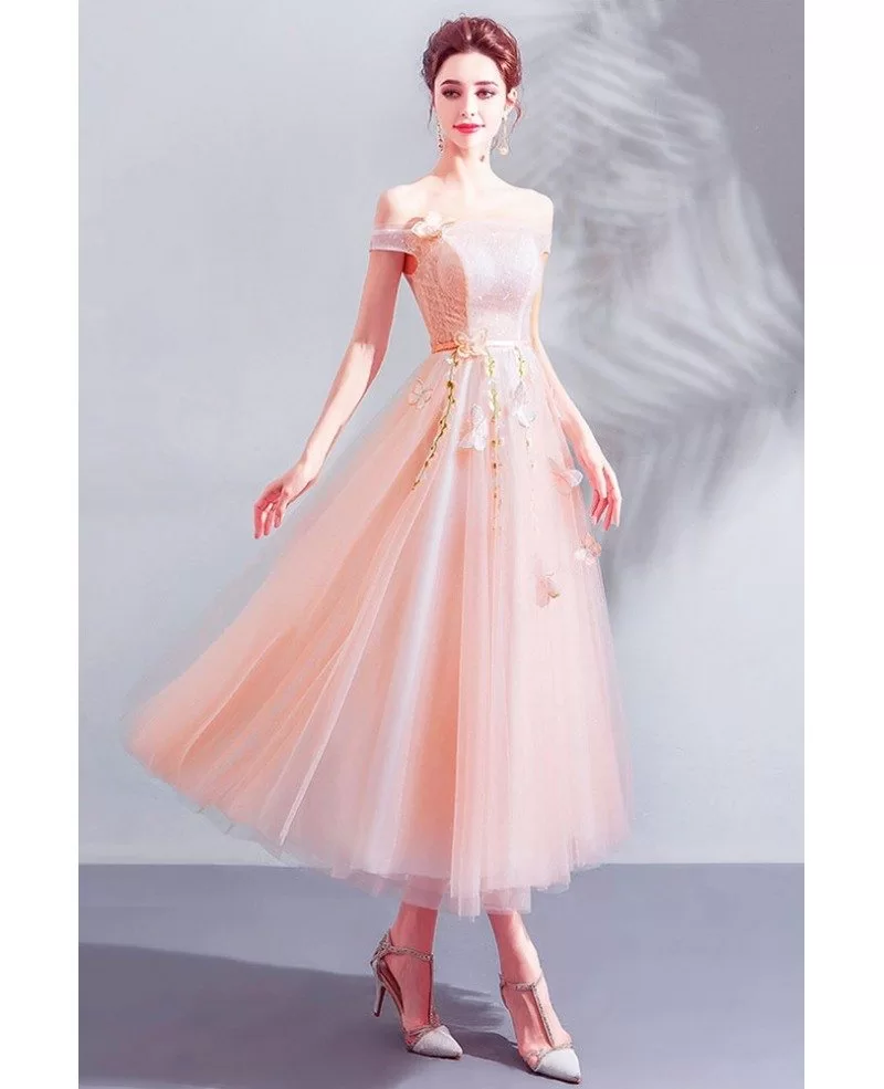 Gorgeous Pink Off Shoulder Tulle Tea Length Party Dress With