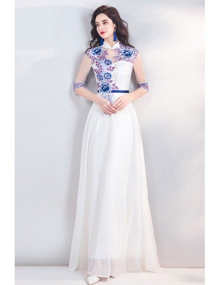 Unique Chinese Qipao Inspired Long White Prom Dress With Sleeves