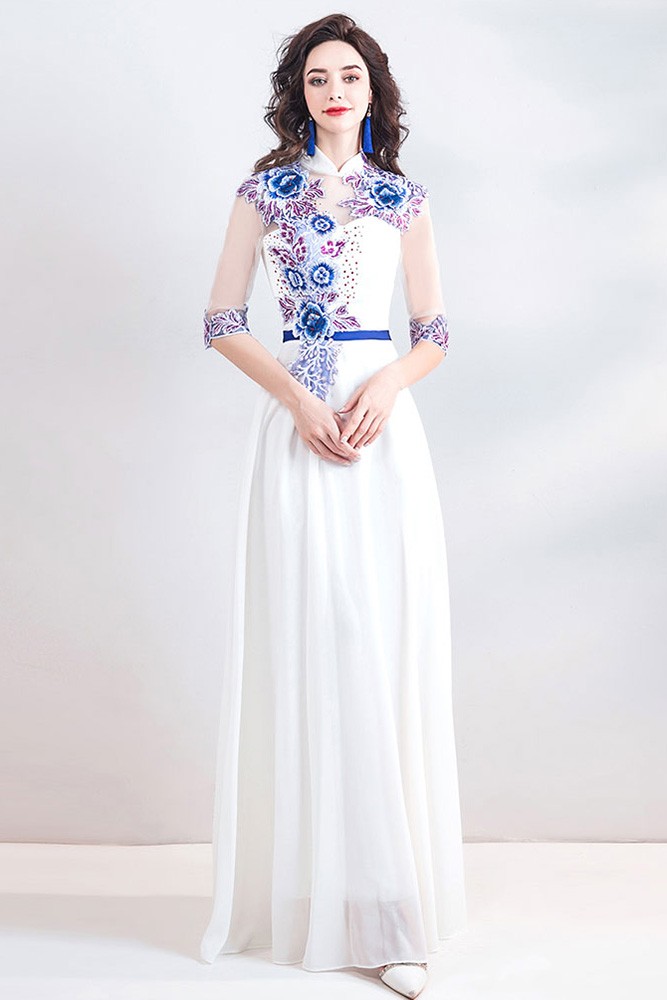 Unique Chinese Qipao Inspired Long White Prom Dress With Sleeves ...