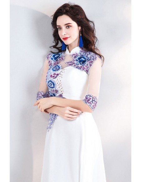 Unique Chinese Qipao Inspired Long White Prom Dress With Sleeves