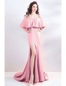 Tight Fitted Pink Mermaid Long Prom Dress With Slit Cape Sleeves