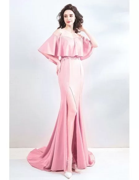 Tight Fitted Pink Mermaid Long Prom Dress With Slit Cape Sleeves