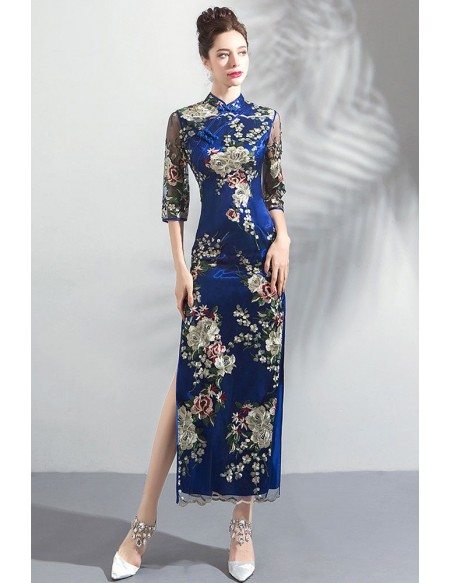 Classic Chinese Blue Cheongsam Tight Fitted Dress With Side Slit