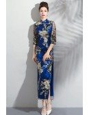 Classic Chinese Blue Cheongsam Tight Fitted Dress With Side Slit