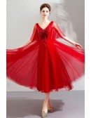 Elegant Red Tulle Tea Length Wedding Party Dress With Sleeves