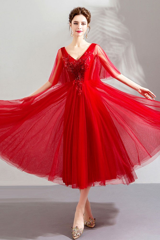 Adorable Dark Red Tea Length Wedding Party Dress, Tulle Off Shoulder Prom Dress main image 0