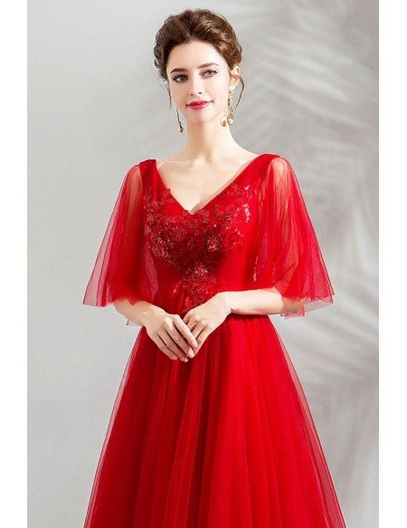 Elegant Red Tulle Tea Length Wedding Party Dress With Sleeves