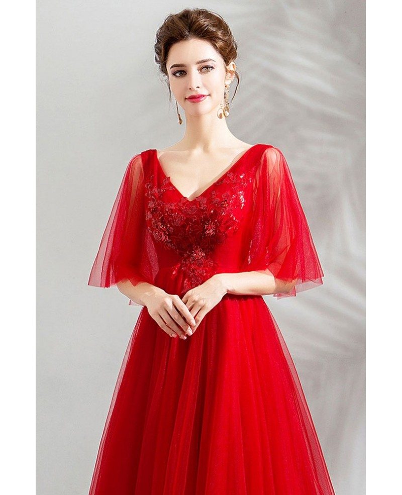 Elegant Red Tulle Tea Length Wedding Party Dress With Sleeves Wholesale ...