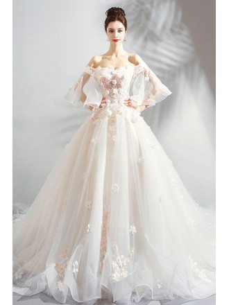 Stunning White Champagne Ball Gown Floral Wedding Dress Fairy Style