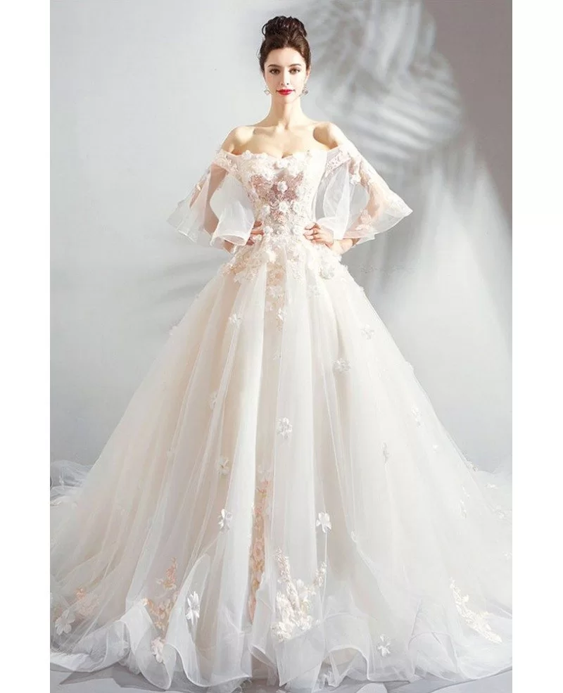 Stunning White Champagne Ball Gown Floral Wedding Dress Fairy Style Wholesale T69032 GemGrace