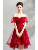 Beautify Poofy Tulle Red Short Prom Dress With Off Shoulder Sleeves