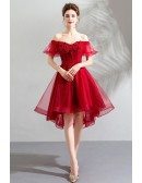 Beautify Poofy Tulle Red Short Prom Dress With Off Shoulder Sleeves