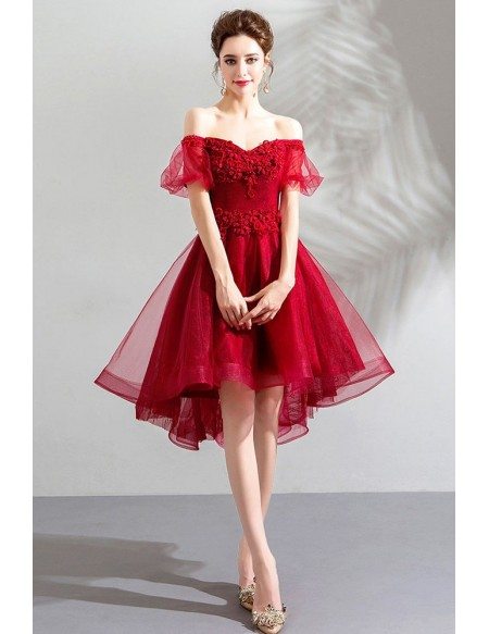 Beautify Poofy Tulle Red Short Prom Dress With Off Shoulder Sleeves ...