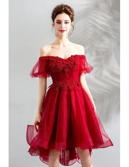 Beautify Poofy Tulle Red Short Prom Dress With Off Shoulder Sleeves ...