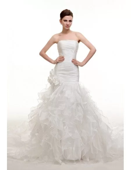 Strapless Pleated Mermaid Long Train Wedding Dress with Flowers