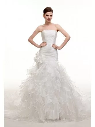 Strapless Pleated Mermaid Long Train Wedding Dress with Flowers