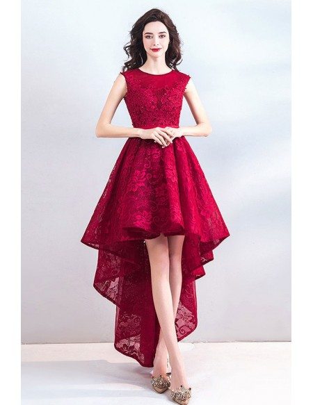Chic High Low Burgundy Red Lace Party Prom Dress Hi Lo Wholesale # ...