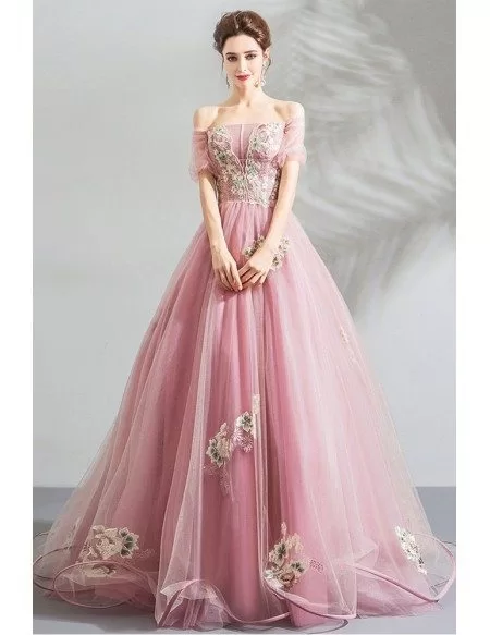 Fairy Princess Pink Ball Gown Formal Prom Dress Off Shoulder With ...
