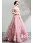 Fairy Princess Pink Ball Gown Formal Prom Dress Off Shoulder With Appliques