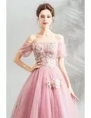 Fairy Princess Pink Ball Gown Formal Prom Dress Off Shoulder With Appliques