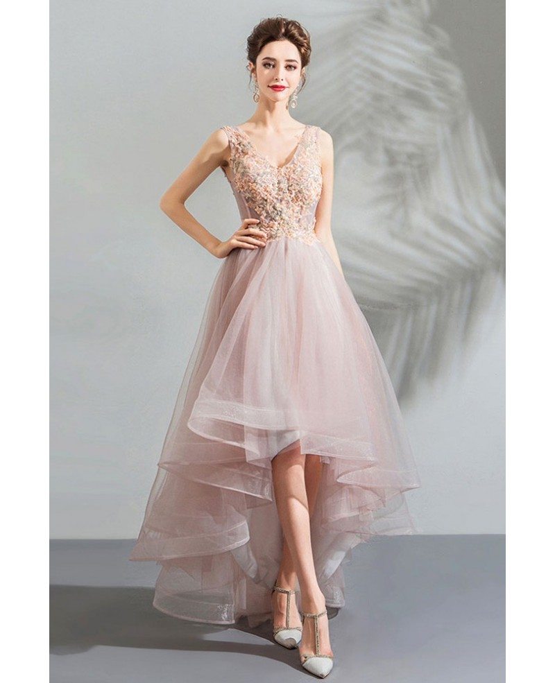 Long Tulle Prom Dress with Low V-Neck - PromGirl
