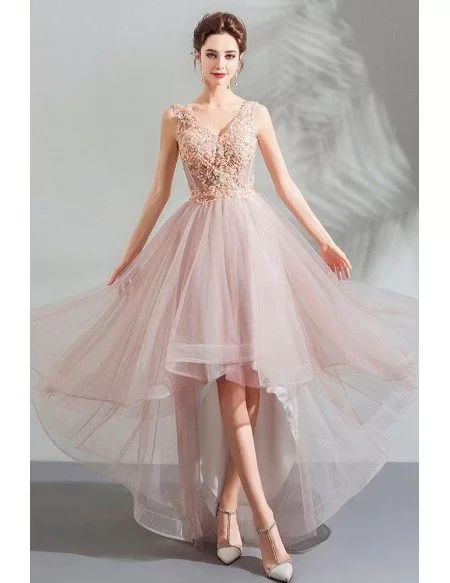Poofy Pink Tulle V-neck Prom Party Dress High Low With Appliques