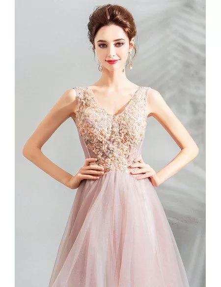 Poofy Pink Tulle V-neck Prom Party Dress High Low With Appliques