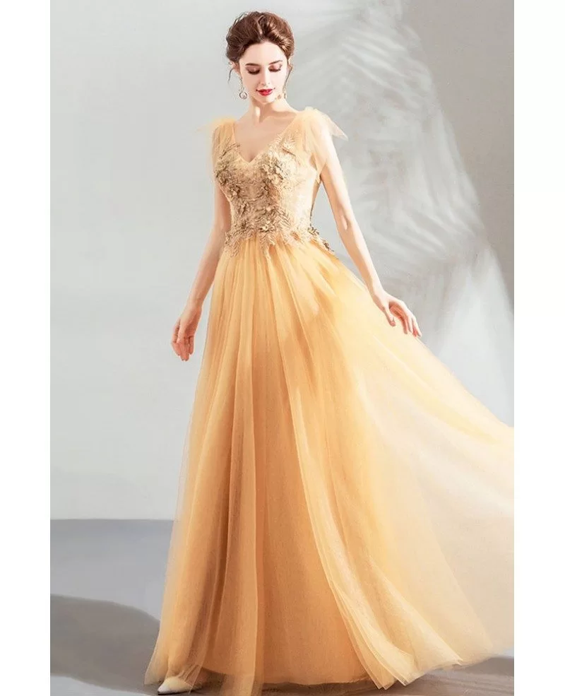 Flowy Long Tulle Elegant Formal Prom Dress V-neck With Appliques ...