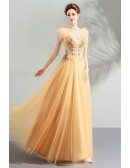 Flowy Long Tulle Elegant Formal Prom Dress V-neck With Appliques