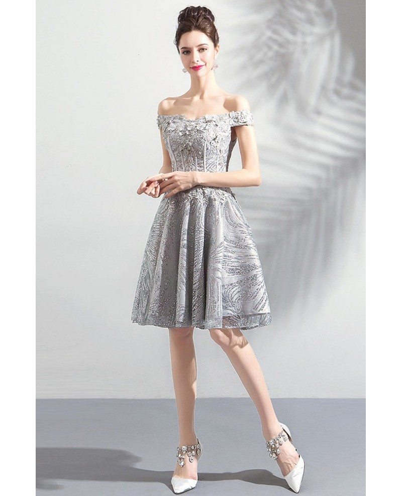 Pretty Silver Unique Lace A Line Short Prom Dress Off Shoulder ...