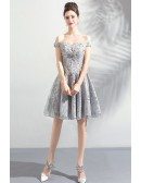 Pretty Grey Unique Lace A Line Short Prom Dress Off Shoulder