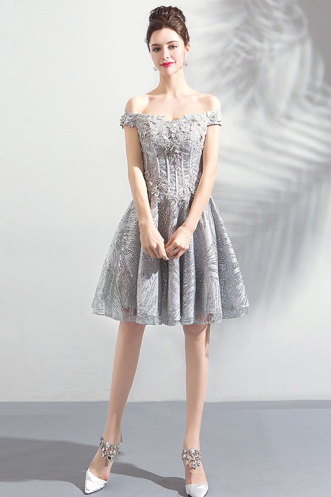 One Shoulder Short Dresses with Lace Bodice Silver
