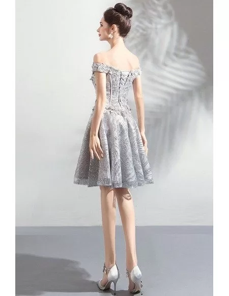 Pretty Grey Unique Lace A Line Short Prom Dress Off Shoulder