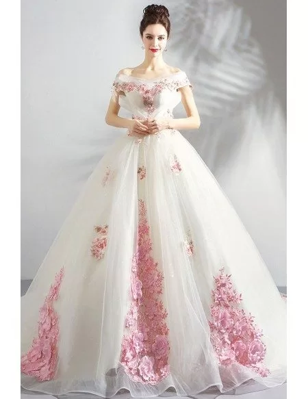 Stunning Fairy Pink Flowers Ball Gown Formal Dress With Long Train