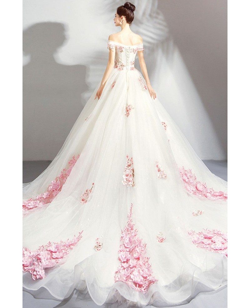 Stunning Fairy Pink Flowers Ball Gown Formal Dress With Long Train ...