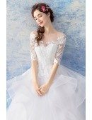 Gorgeous White Organza Ball Gown Wedding Dress Princess With Lace Sleeves