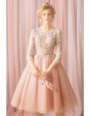 Gorgeous Blush Pink Lace Short Tulle Prom Dress With Lace Sleeves