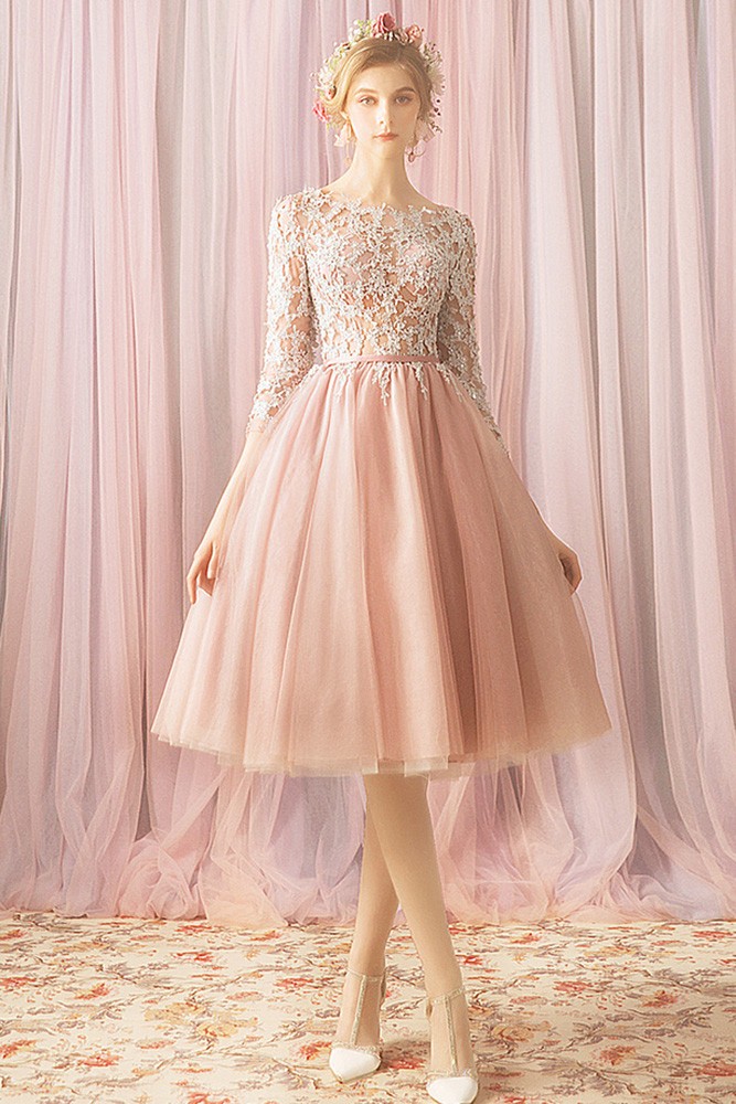 Blush Pink Lace Short Tulle Prom Dress With Lace Sleeves Wholesale T69043