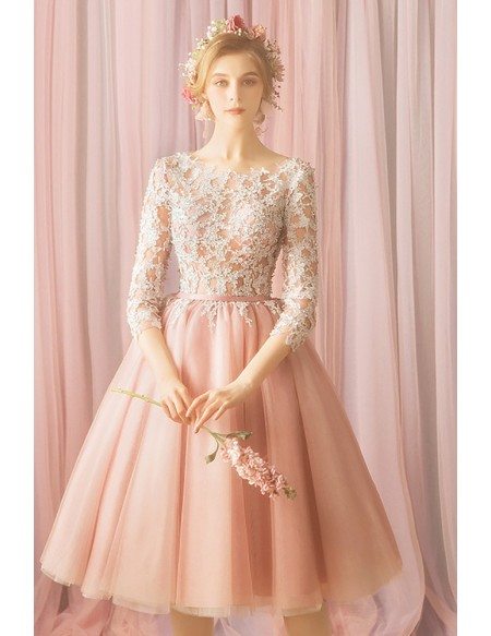 Gorgeous Blush Pink Lace Short Tulle Prom Dress With Lace Sleeves
