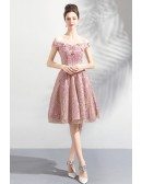 Cute Pink Lace A Line Short Party Prom Dress Off Shoulder