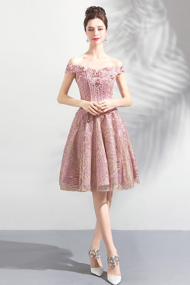 Cute Pink Lace A Line Short Party Prom Dress Off Shoulder Wholesale #T69044  - GemGrace.com