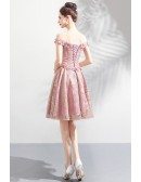 Cute Pink Lace A Line Short Party Prom Dress Off Shoulder