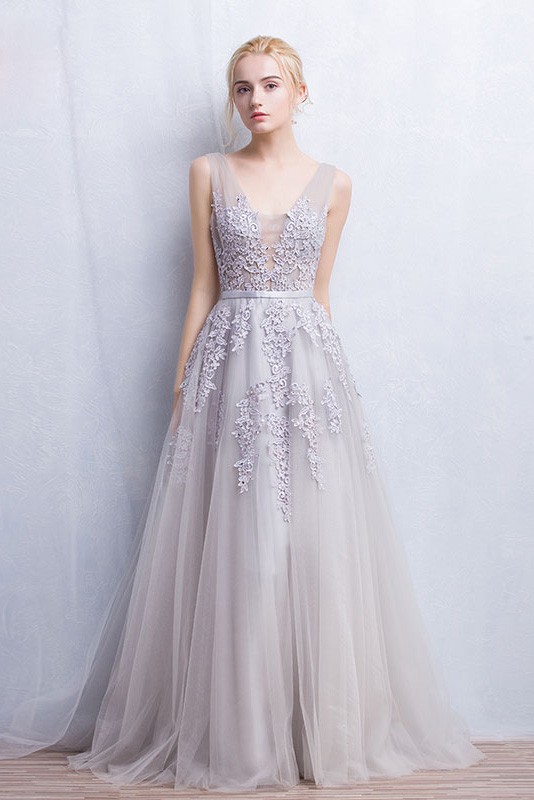 Romantic Tulle Wedding or Prom Dress A-Line V-neck Floor-Length With ...