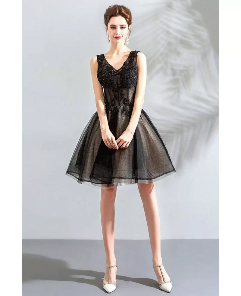 Little Black Tulle Poofy Short Prom Dress V Neck Lace Up Wholesale