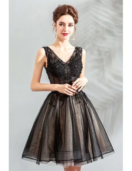Little Black Tulle Poofy Short Prom Dress V-neck Lace Up Wholesale # ...