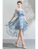 Beautiful Blue Organza High Low Short Prom Dress With Cape Sleeves