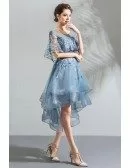 Beautiful Blue Organza High Low Short Prom Dress With Cape Sleeves