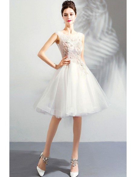 Pure White Poofy Short Tulle Prom Dress With Appliques Sleeveless