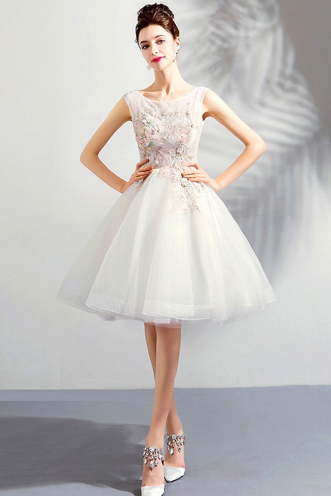 Pure White Poofy Short Tulle Prom Dress With Appliques Sleeveless ...